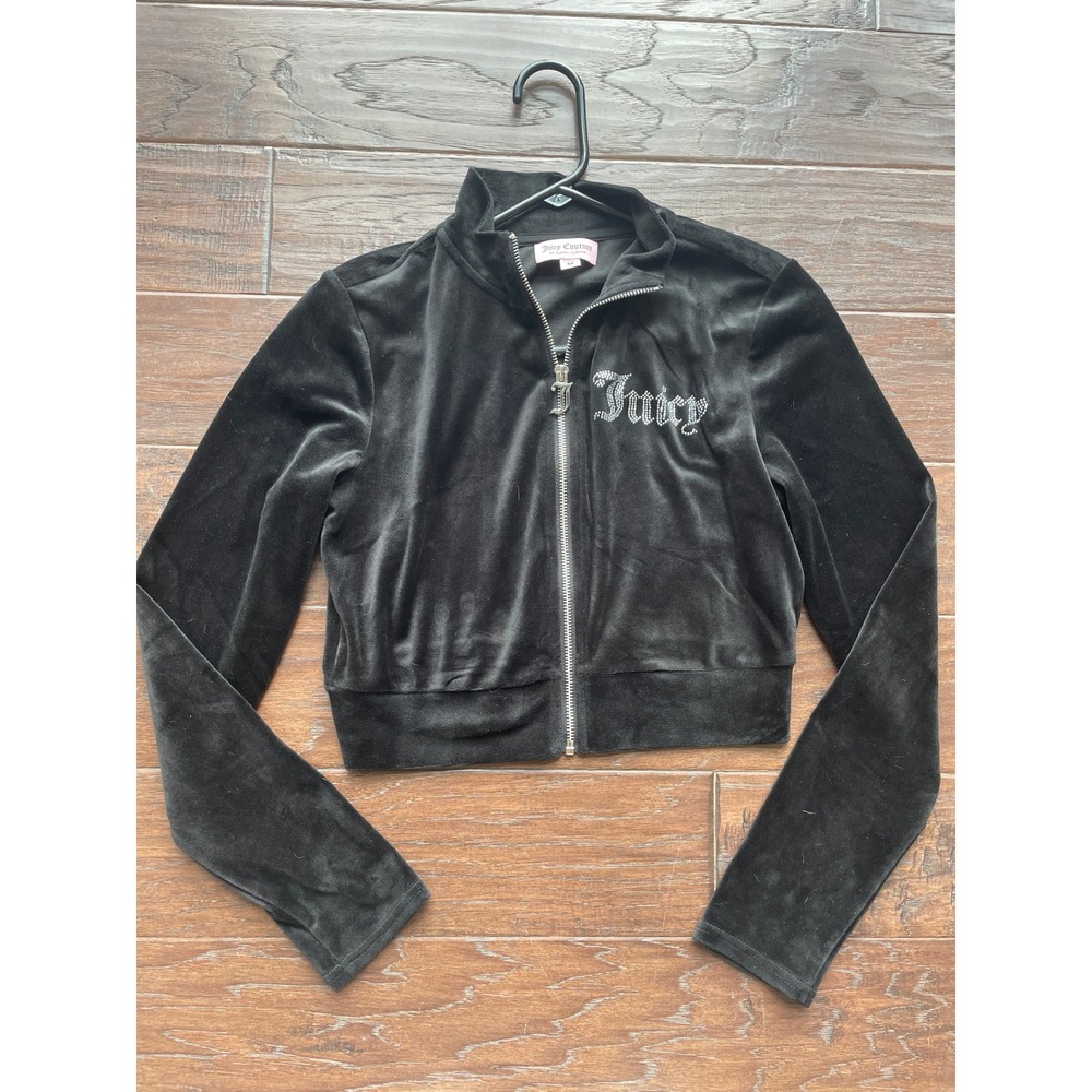 Juicy Couture Black Velour Zip Track Jacket Rhinestone Logo Y2K Size M